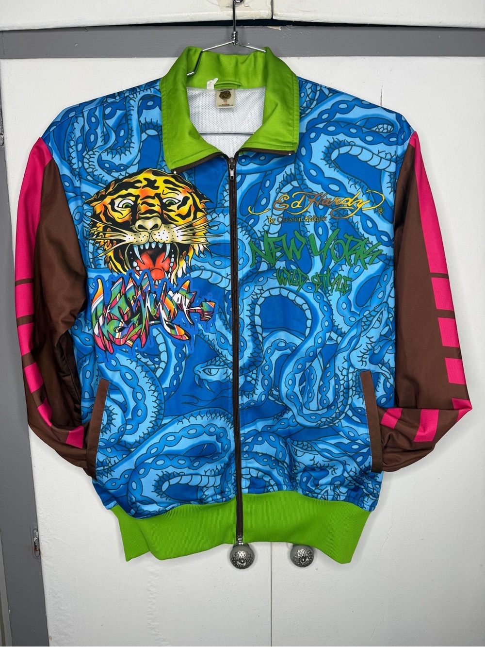 Ed Hardy Men Blue Snake & Tiger Full Zip Jacket Size Medium Y2K Streetwear